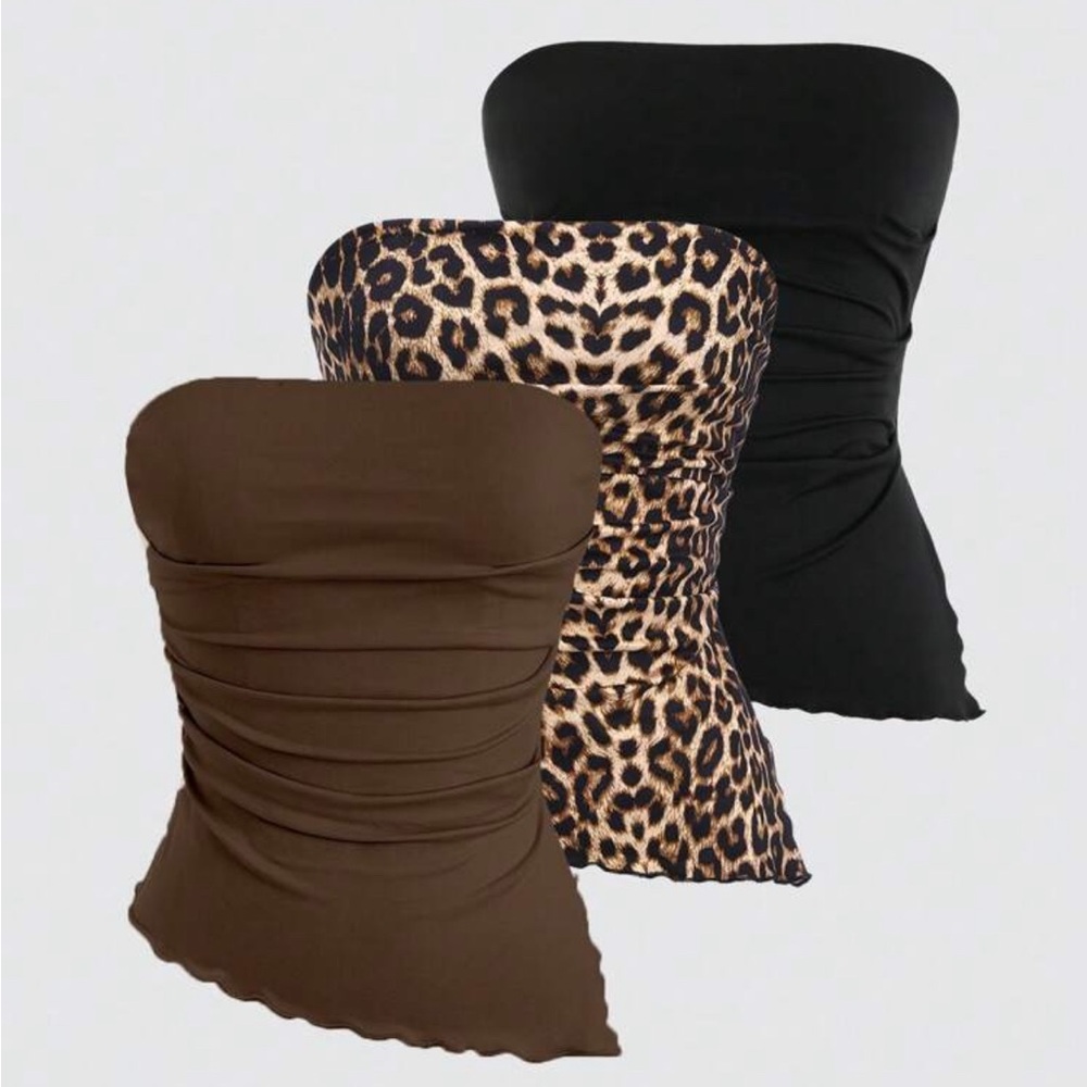 Strapless Bandeau Tops | Black, Brown, Leopard Print 3-pack